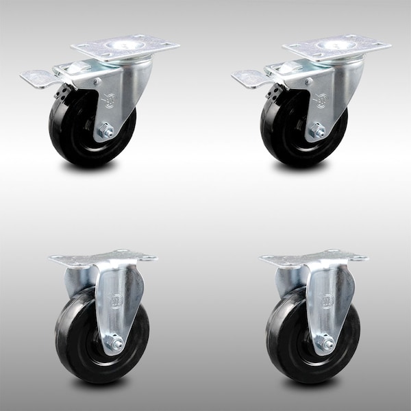4 Inch SS Hard Rubber Wheel Swivel Top Plate Caster Lock Brake 2 Rigid SCC, 2PK